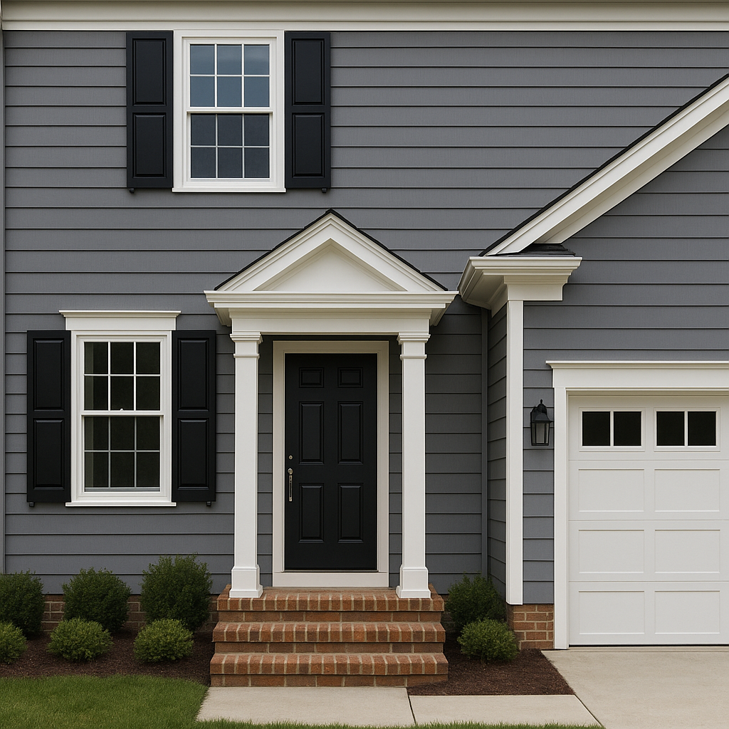 Professional exterior house painting with gray siding, white trim, and black shutters