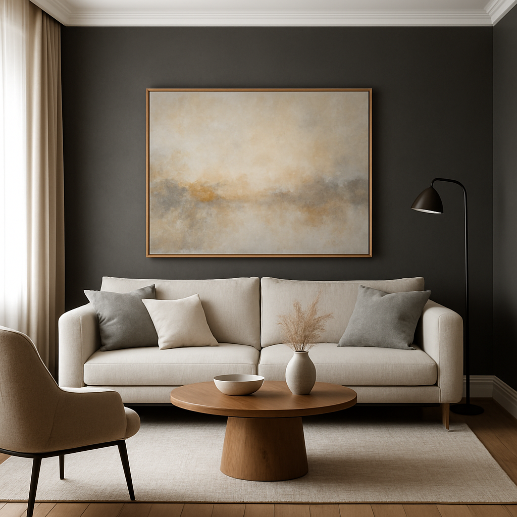 Modern living room with professional interior painting featuring dark accent wall